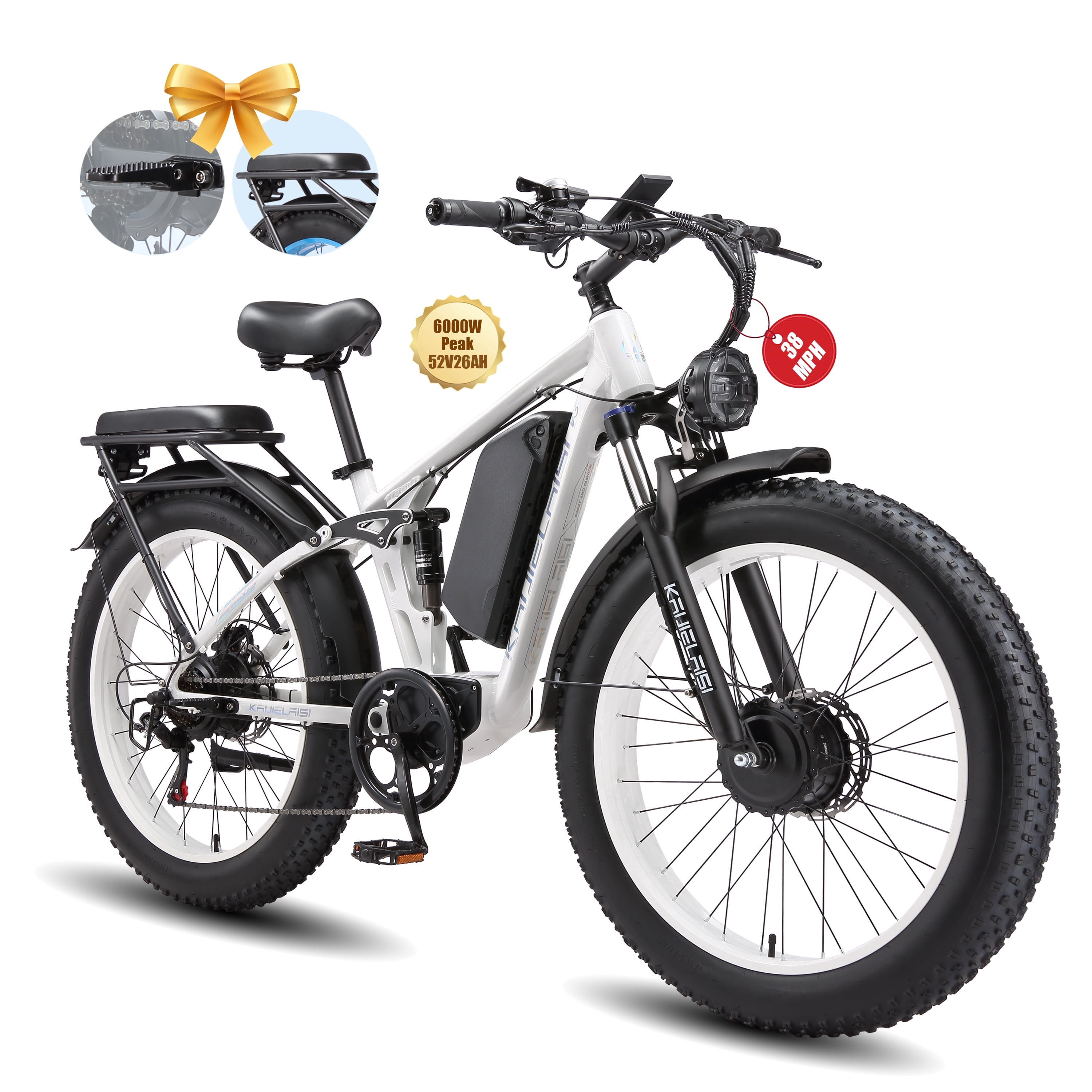 KAIJIELAISI Electric Bike for Adults Dual Motor AWD Mountain Electric Bicycles 52V 26AH Removable Lithium Battery, 26" 4.0 inch Fat Tire Ebike E-Bike for Adults UL2849.
