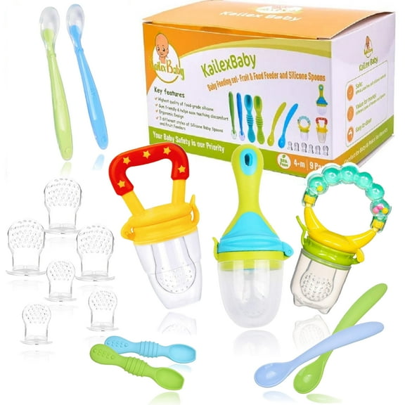 KAILEXBABY 18Pcs Baby Food Feeder Set, Food and Fruit Pacifier, Soft-Tip Baby Spoons, Multicolor