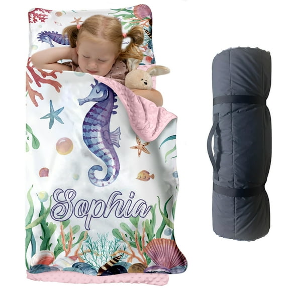 KAINSY Custom Name Toddler Nap Mat, Ocean Friends Theme with Hippocampus, Seaweed Coral and Starfish, Cozy Sleeping Bag Blanket for Boys and Girls, Perfect for Daycare, Kindergarten, Home & Travel