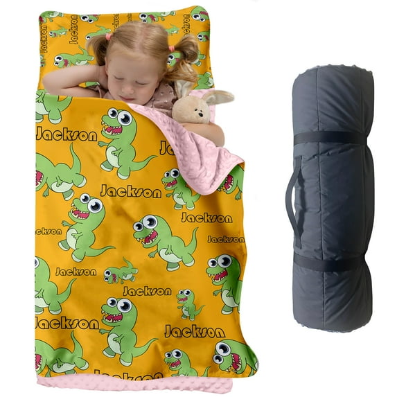 KAINSY Custom Name Toddler Nap Mat, Personalized Little Cute Dinosaur Yellow Daycare Sleeping Bag, Nap Mat for Preschool Boys and Girls, Lightweight and Easy to Clean