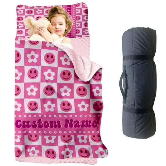 KAINSY Custom Smiley Face Nap Mat, Personalized Name Toddler Sleeping Bag for Daycare Preschool Kindergarten, Girls Sleep Mats with Pillow Blanket, Kids Sleep Sacks for 2-15 Years