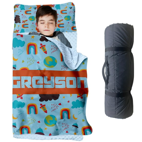 KAINSY Custom Space Toddler Nap Mat - Personalized Name Sleeping Bag for Daycare, Preschool, Kindergarten, Boys Sleep Mats With Pillow Blanket, Kids Sleep Sacks for 2-15 Years