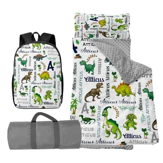KAINSY Custom Toddler Nap Mat Set,Preschool Backpack Set,Monogram Green Dinosaur Nap Mats,Kids Sleeping Bag with Pillow for Kindergarten Daycare,Personalized Name Sleeping Mat for Preschool