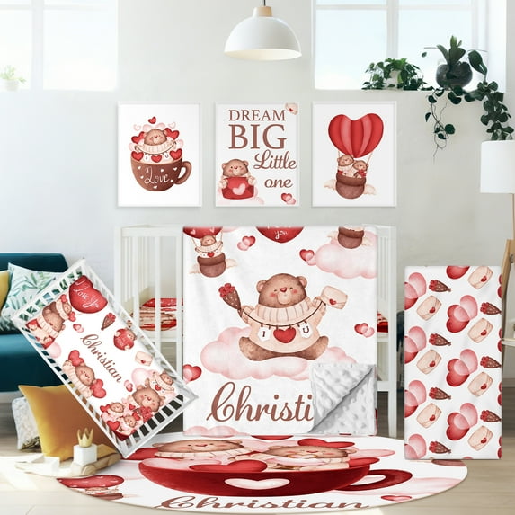 KAINSY Hatchaa Custom Name Baby Crib Set, 5 Pcs Personalized Baby Crib Bedding Set for Baby, Red Heart Bear Baby Bedding Set for Girls Boys, Double Layer Soft Nursery Crib Sets Customized Gifts