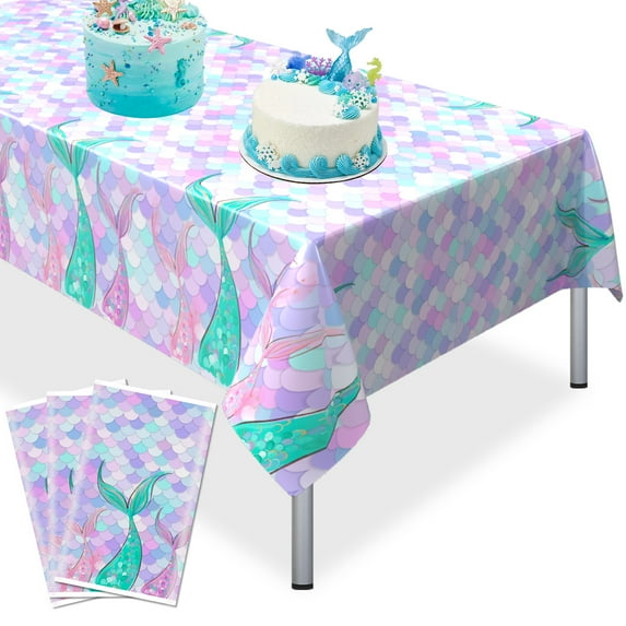 KAINSY Mermaid Table Cloths Covers Party Plastic Disposable Purple Tablecloths Waterproof 54 x 108inch Birthday 3pcs