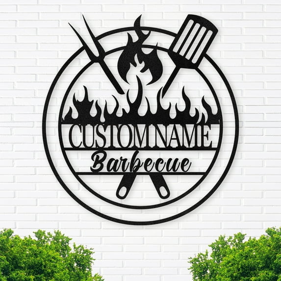 KAINSY Personalized BBQ Metal Sign - Custom BBQ Sign for Outside, Personalized Kitchen Metal Sign, Barbecue Wall Art Decor, Home Decor Sign, BBQ Decorations Porch Signs Outdoor, Grill Gift(10inches)