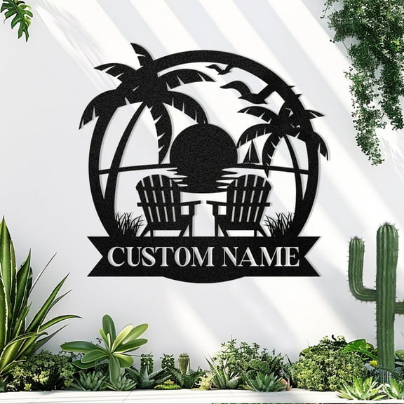 KAINSY Personalized Beach Metal Signs, Custom Palm Trees Signs Outdoor Metal, Vintage Beach Sign Bathroom Wall Decor, Outdoor Metal Family Name Sign, Custom Garden Sign, Housewarming Gift(10inches)