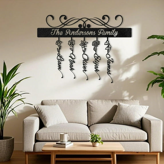 KAINSY Personalized Birth Month Flower Metal Sign, Customized Birthflower Family Name Sign, Flower Art Wall Decor, Garden Decor for Outside, Mother's Day Gift, Gifts for Grandma, Home Decor(10inches)