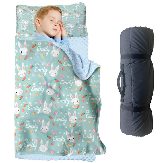 KAINSY Personalized Bunny Toddler Nap Mat - Custom Name Slumber Bag with Easter Bunny Design, Soft and Cozy Sleeping Bag for Kids, Perfect for Daycare, Preschool, and Spring Naptime Adventures