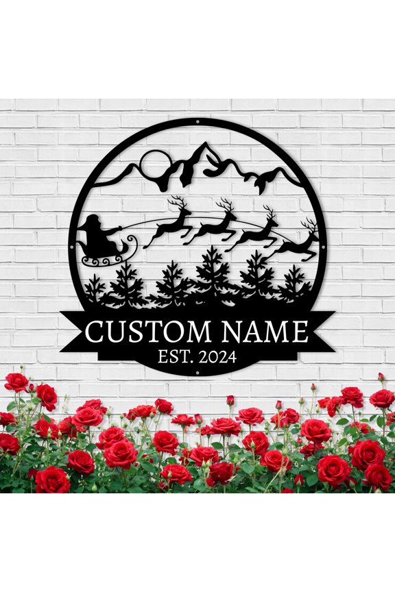 Personalized Christmas Metal Sign, Custom Name Santa Claus and Reindeer Hanging Sign, Merry Christmas Welcome Outdoor Porch Decor, Metal Wall Art Party Supplies, Christmas Gifts(10inches)