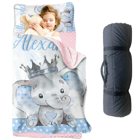 KAINSY Personalized Elephant Toddler Nap Mat with Name for Boys & Girls – Soft Kids Sleeping Bag with Pillowcase & Blanket – Ideal for Daycare, Preschool, Kindergarten, Camping & Travel