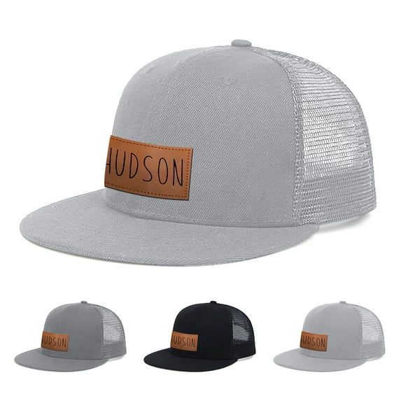 KAINSY Personalized Infant Baseball Hat Cap: Custom Name Light Grey Leather Patch Sun Hats - Adjustable Snapback Caps for Toddler Boys Girls(Small)