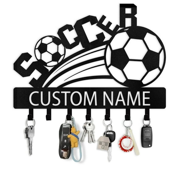 KAINSY Personalized Key Holder Wall Mount - Soccer Theme Key Holder for Wall, Custom Name Key Hooks Organizer Rack, Key Holder Wall Hanging, Metal Key Organizer Wall Decorative for Doorway, Hallway