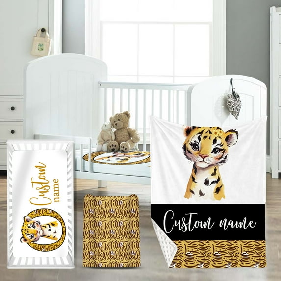 KAINSY Personalized Name Crib Bedding Set for Baby, Custom Nursery Decor Baby Blanket Fitted Crib Sheet Changing Pad Cover 3 Pcs, Yellow Tiger Design(Fixed Size)