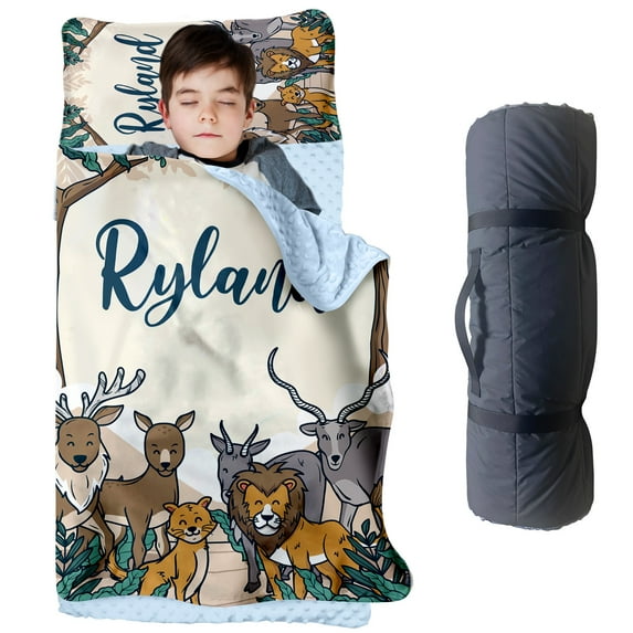 KAINSY Personalized Name Toddler Nap Mat with Blanket and Pillow Case, Custom Animal WorldTheme Kids Sleeping Bag for Boys & Girls, Soft and Cozy for Preschool