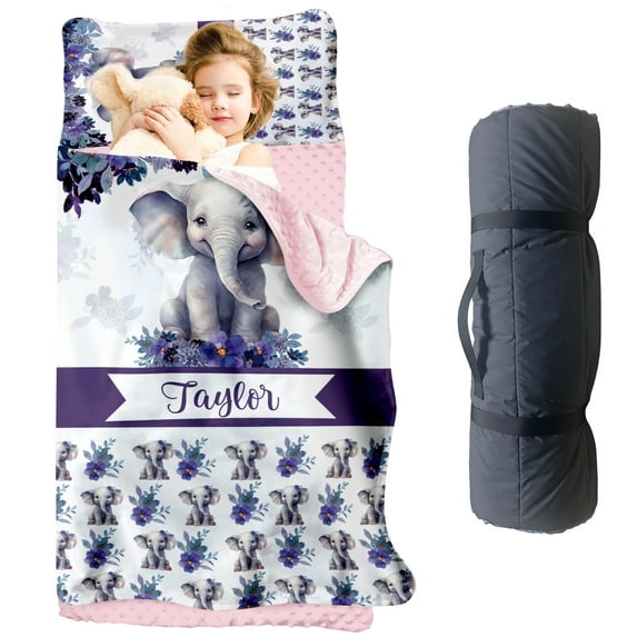 KAINSY Personalized Purple Elephant Toddler Nap Mat for Girls, Customized Name Kids Sleeping Bag with Pillowcase & Blanket – Ideal for Daycare, Preschool, Kindergarten, Camping & Travel