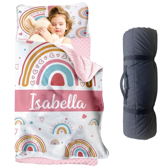 KAINSY Personalized Rainbow Toddler Nap Mat for Girls - Custom Name Sleeping Mat with Pillow and Blanket, Soft & Comfortable Roll-Up Nap Mat for Daycare, Preschool, Kindergarten, Camping, Travel