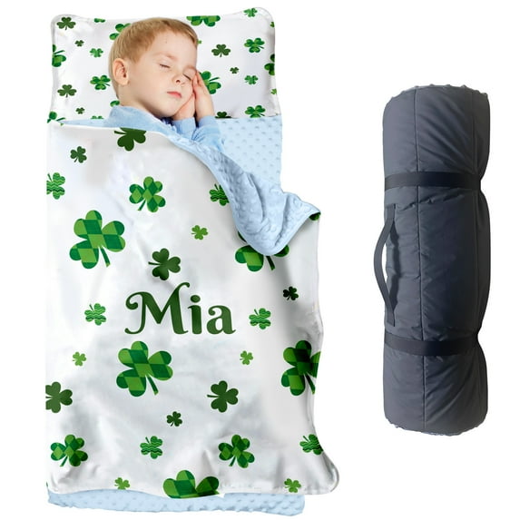 KAINSY Personalized Shamrock Slumber Bag - Custom Name Clover-Themed Toddler Nap Mat, Cozy and Soft Sleeping Bag for Kids, Perfect for Daycare, Preschool, and Lucky Naptime Adventures