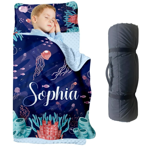 KAINSY Personalized Slumber Bag - Custom Name Ocean Adventure Toddler Nap Mat, Soft and Cozy Sleeping Bag for Kids, Perfect for Daycare, Preschool, and Fun Underwater Naptime Adventures