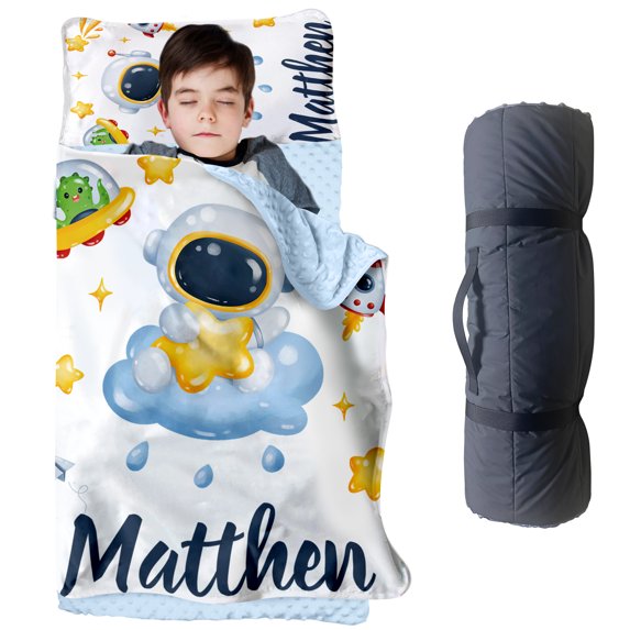 KAINSY Personalized Toddler Nap Mat for Boys–Astronaut Pattern, Custom Name Nap Mats with Removable Pillow, Roll-Up Sleeping Mat for Kids Preschool, Daycare, Travel, Kindergarten