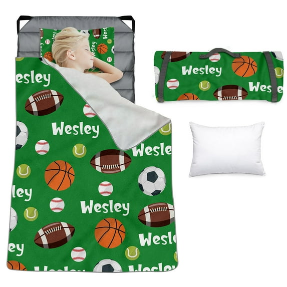 KAINSY Personalized Toddler Nap Mat for Boys–Custom Name Sleeping Mat with Ball Games Theme, Roll-Up Daycare Slumber Mat with Blanket and Pillow, Kids Cot Nap Mat for Preschool