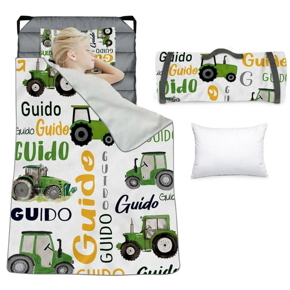 KAINSY Personalized Toddler Nap Mat for Boys Girls–Custom Name Farm Tractor Pattern Sleeping Mat for Daycare, Roll-Up Slumber Mat with Blanket and Pillow, Kids Cot Nap Mat for Preschool
