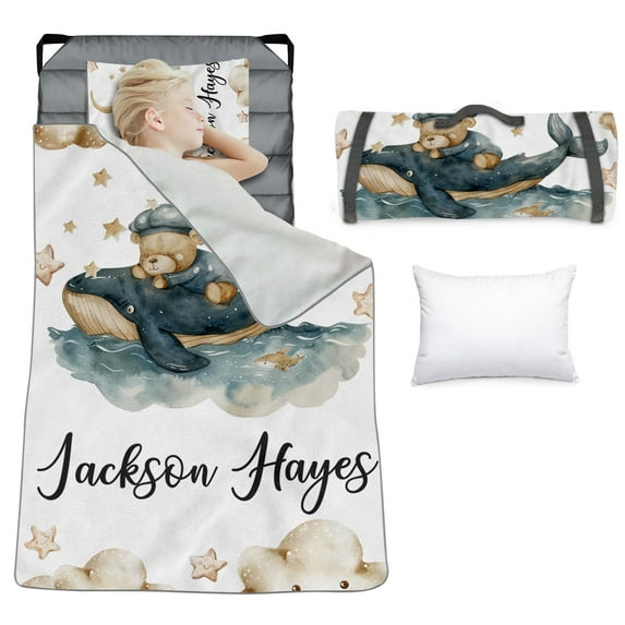 KAINSY Personalized Toddler Nap Mat for Boys Girls–Custom Name Sleeping Mat with Bear Shark Pattern, Tot Cot Kids Nap Mat with Pillow and Blanket, Roll-Up Preschool Daycare Slumber Bag