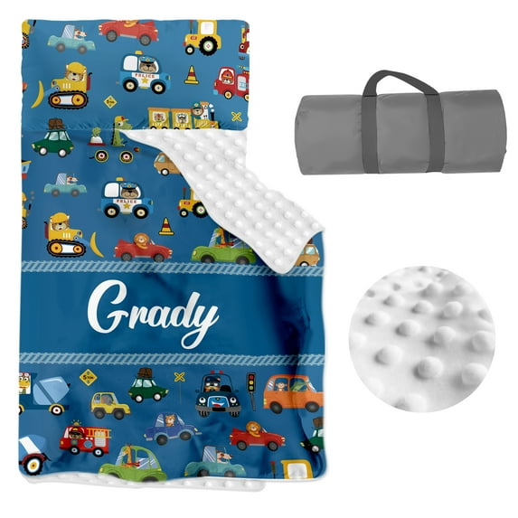 KAINSY Personalized Toddler Nap Mat, Custom Name Sleeping Bag with Removable Pillow & Blanket, Roll Up Nap Mat for Boy Girl, Preschool Daycare Kindergarten, Construction Car