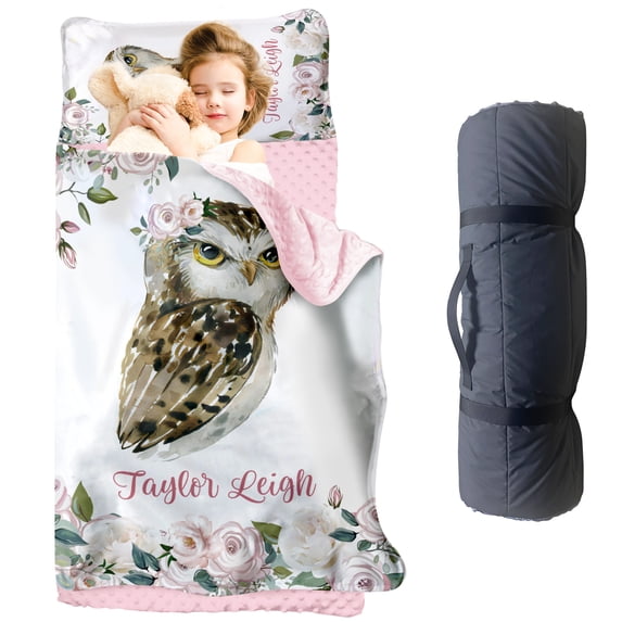 KAINSY Personalized Toddler Nap Mat for Daycare - Baby Owl Nap Mats with Pillow & Blanket, Preschool Kindergarten Children Sleeping Bag with Custom Name, Easy Carry