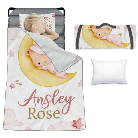 KAINSY Personalized Toddler Nap Mat for Girls–Custom Name Sleeping Mat with Moon Sleeping Bear Theme, Tot Cot Kids Nap Mat with Pillow and Blanket, Roll-Up Preschool Daycare Slumber Bag