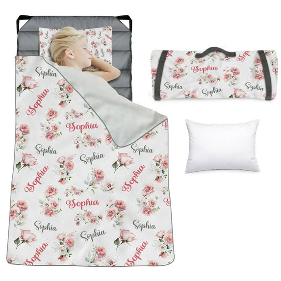 KAINSY Personalized Toddler Nap Mat for Girls–Pink Floral Theme Custom Name Sleeping Mat, Tot Cot Kids Nap Mat with Pillow and Blanket, Roll-Up Preschool Daycare Slumber Bag
