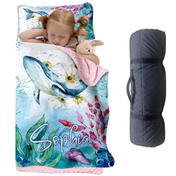 KAINSY Personalized Toddler Nap Mat, Ocean Theme with Dolphin and Coral, Custom Name Sleeping Bag Blanket for Boys and Girls, Ideal for Kindergarten, Daycare, Preschool, Home & Travel