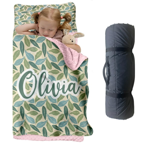 KAINSY Personalized Toddler Nap Mat, Plant Theme with Lush Green Leaves, Custom Name Sleeping Bag Blanket for Boys and Girls, Perfect for Daycare, Preschool, Kindergarten, Home & Travel
