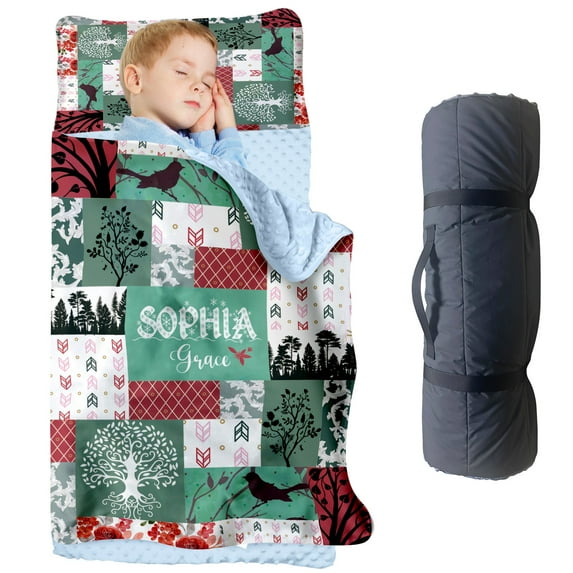 KAINSY Personalized Woodland Adventure Slumber Bag - Custom Name Forest-Themed Toddler Nap Mat, Cozy and Soft Sleeping Bag for Kids, Ideal for Daycare, Preschool, and Naptime in the Wilderness