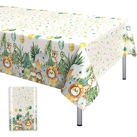 KAINSY Safari Animals Birthday Table Cloth Cover Sage Olive Green Party Plastic Disposable Jungle Tablecloth Waterproof 54 x 108inch 1pc