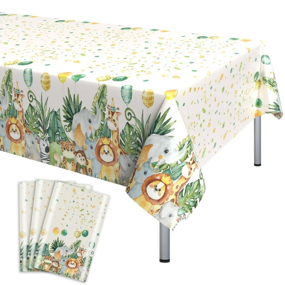 KAINSY Safari Animals Birthday Table Cloths Covers Sage Olive Green Party Plastic Disposable Jungle Tablecloths Waterproof 54 x 108inch 3pcs