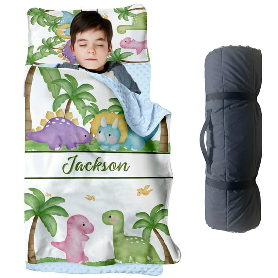 KAINSY Toddler Nap Mat with Pillow and Blanket, Personalized Dinosaur Design Kids Sleeping Bag, Kindergarten Nap Mat with Custom Name, for Daycare Preschool Travel Camping, Soft and Easy to Carry