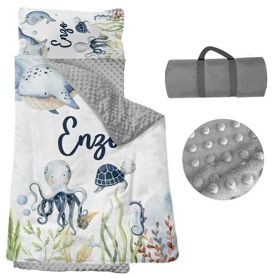 KAINSY Toddler Nap Mat with Pillow and Blanket, Personalized Name Nap Mats for Daycare Preschool Kindergarten Custom Ocean Series Portable Sleeping Bag for Kids Boys Girls Octopus