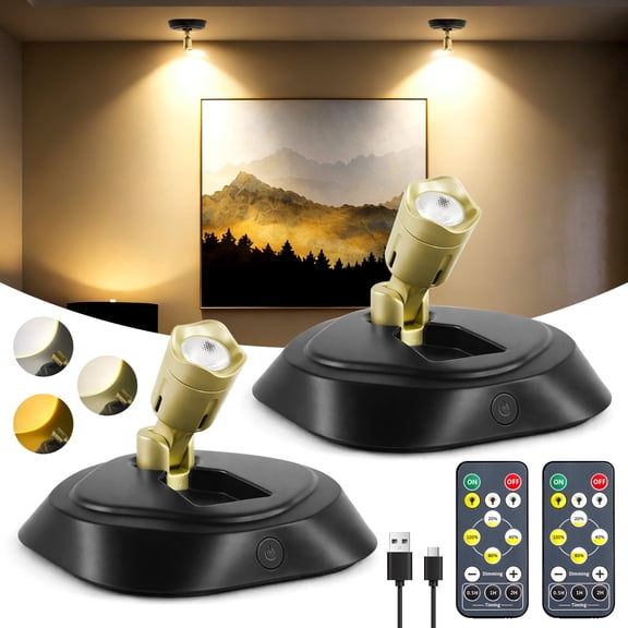 KAIPARA 2 Pack LED Spot Lights, 3-Color Dimmable Rechargeable Picture Lights for Wall with Timer & Remote for Indoor Display