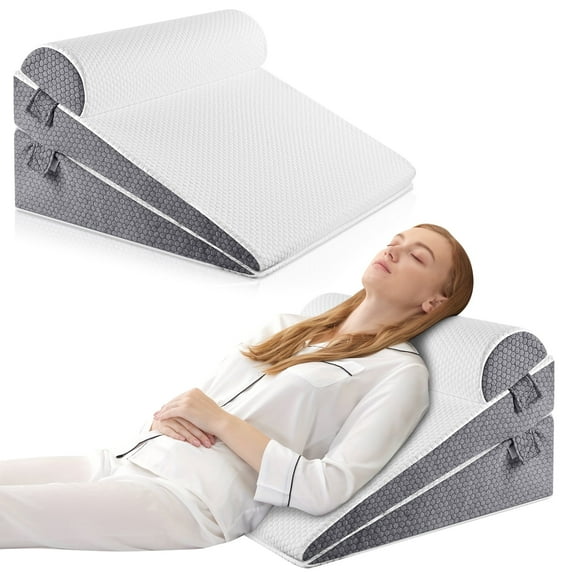 KAIPARA Cooling Wedge Pillow Set, 3-Piece Adjustable Memory Foam Bed Wedge Pillow for Sleeping - Acid Reflux, Snoring, Neck Pain and Back Pain, White and Grey