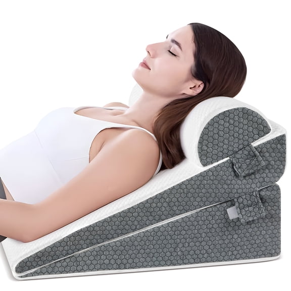 KAIPARA Cooling Wedge Pillow Set, 3-Piece Adjustable Memory Foam Bed Wedge Pillow for Sleeping - Acid Reflux, Snoring, Neck Pain and Back Pain, White and Grey