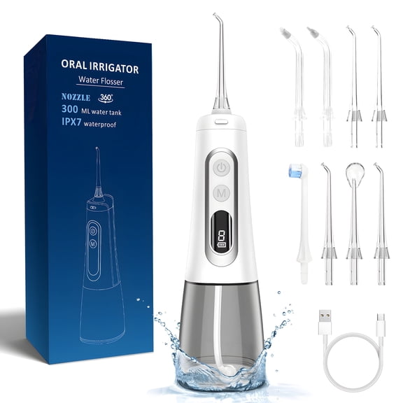  KAIPARA Cordless Water Flosser Dental Teeth Cleaner with 8 Jet Tips, DIY Mode 300ml IPX7 Waterproof Oral Irrigator for Home and Travel, White
