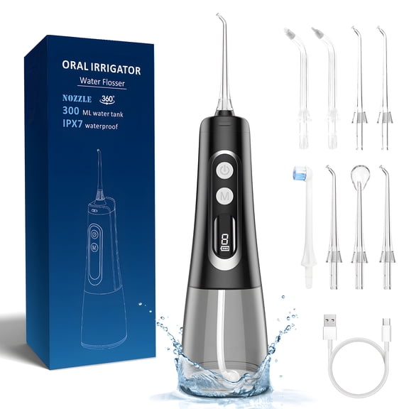 KAIPARA Cordless Water Flosser for Teeth & Gums, 8 Jet Tips, 9 Pressure Modes, IPX7 Waterproof, 300ml Tank, Travel & Home Oral Irrigator, Black