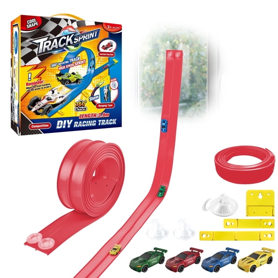 KAIPARA Flexible Race Track Toys for Kids, 12.8Ft 360° Rotating Portable Rolls Up Flex Tracks with 4 Cars & Suction Cups, Birthday Gifts for Boys Girls Ages 3+, Red
