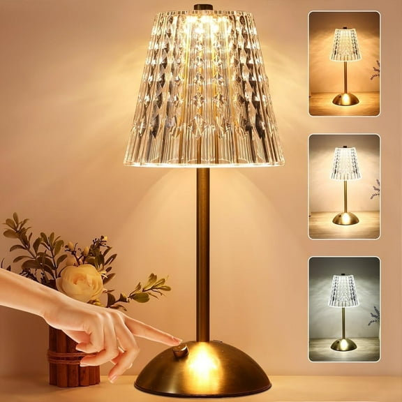 KAIPARA Portable Table Lamp, Touch Control 3 Colors LED Desk Cordless Lamp,Dimmable Rechargeable Romantic Crystal Lamp for Home Bedroom Living Room Hotel(Gold)