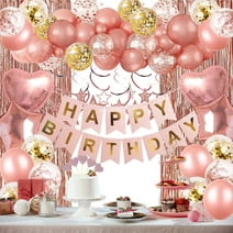 KAIPARA Rose Gold Birthday Party Decorations, Happy Birthday Banner, Rose Gold Fringe Curtain, Heart Star Foil Confetti Balloons, Hanging Swirls for Women Girls Birthday Princess Party