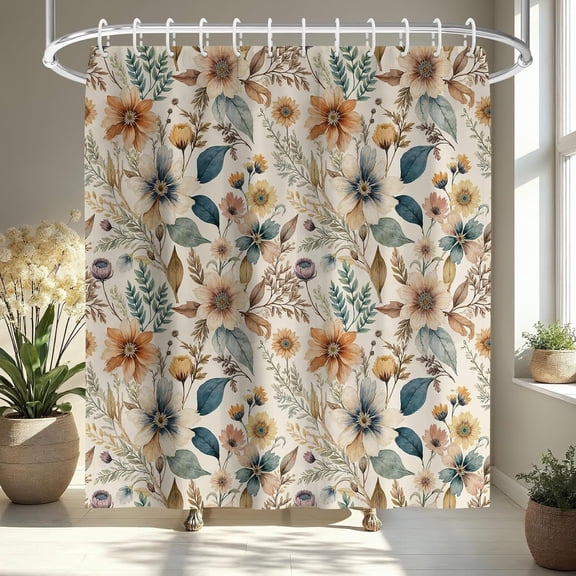 Boho Floral Watercolor Shower Curtain 72x72 Inch, Botanical Wildflower Print Waterproof Polyester Fabric, Vintage Cottagecore Bathroom Decor with 12 Hooks, Elegant Farmhouse Style Bath Curtain