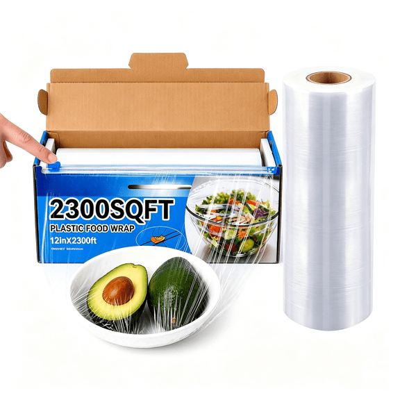 KAISA 12" X 2300 Sqft Plastic Wrap with Slide Cutter,Commercial Size Cling Wrap for Kitchen,Extra-Long Roll with Built-In Roller,Heavy Duty Plastic Food Wrap for Home Or Restaurant Bpa Free