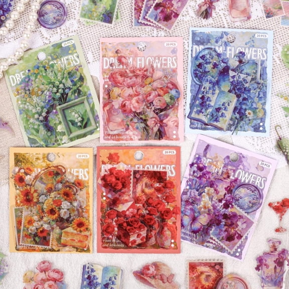 KAISA 120 Pcs Dreamy Flower Pet Stickers Pack,Vintage Watercolor Floral Decals,Transparent Waterproof Botanical Ephemera for Scrapbooking,Aesthetic Journaling Supplies,6 Packs Set