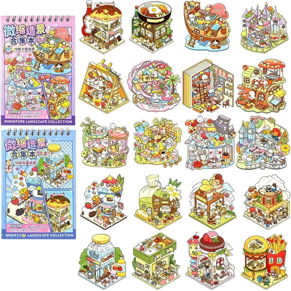 KAISA 20 Sets Diy 3D Sticker Scene Book for Adults,Mini Cute 3D Sticker Room Book,Make Your Own Store & House Stickers,Fun Sticker Therapy Activity for Stress Relief Play Park Castle Library (M)